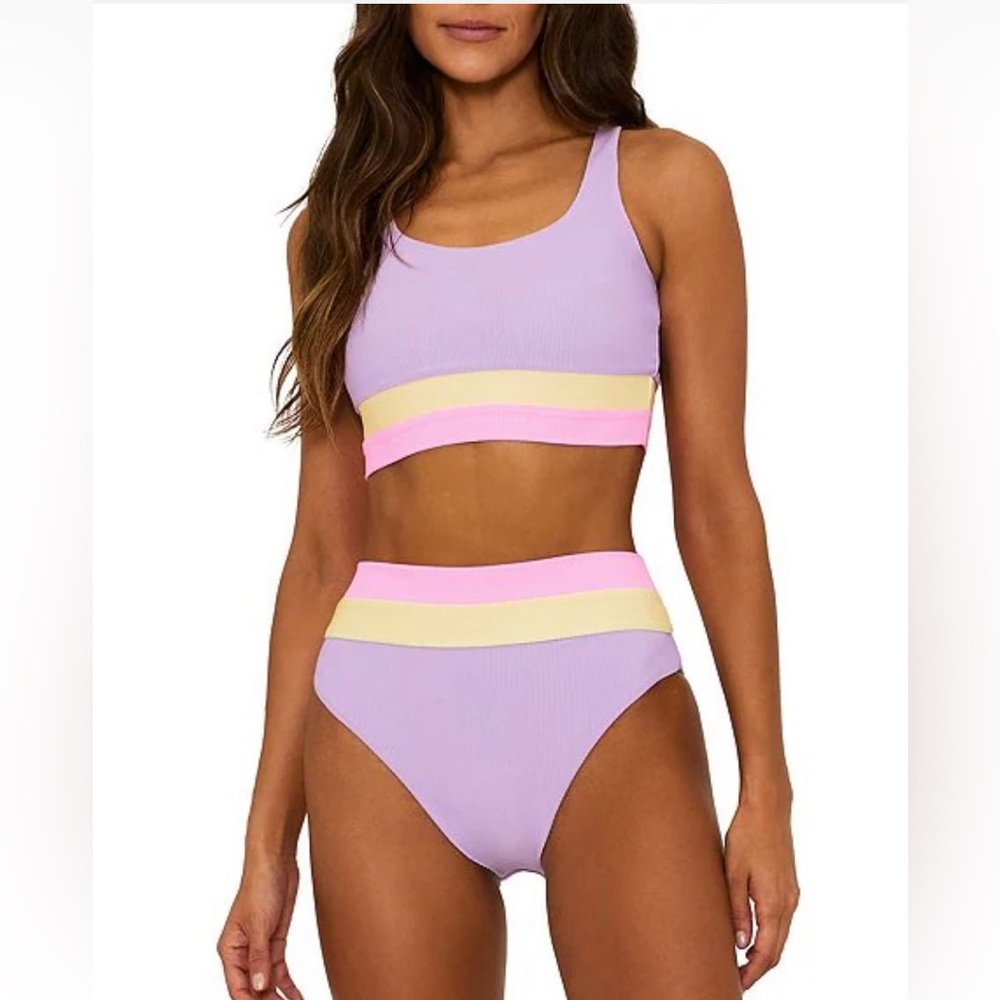 Beach Riot Lavender Two-Piece Bikini with Pink and Yellow Stripes